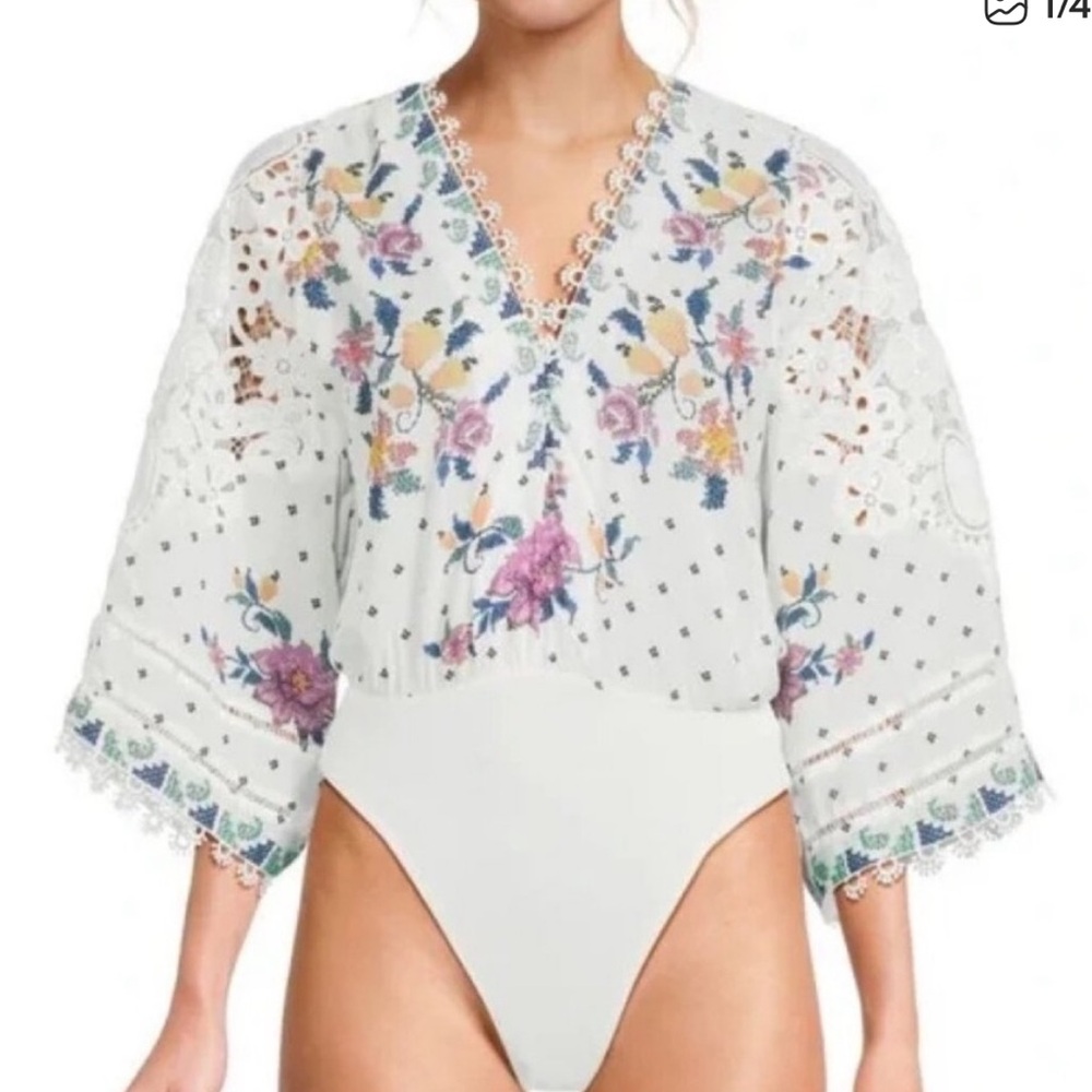 NWT- Farm Rio Embroidered Floral Bodysuit- size small